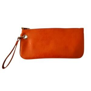 Treska Orange Clutch Bag Vegan Leather Wristlet Zipper Pockets Small Purse Case